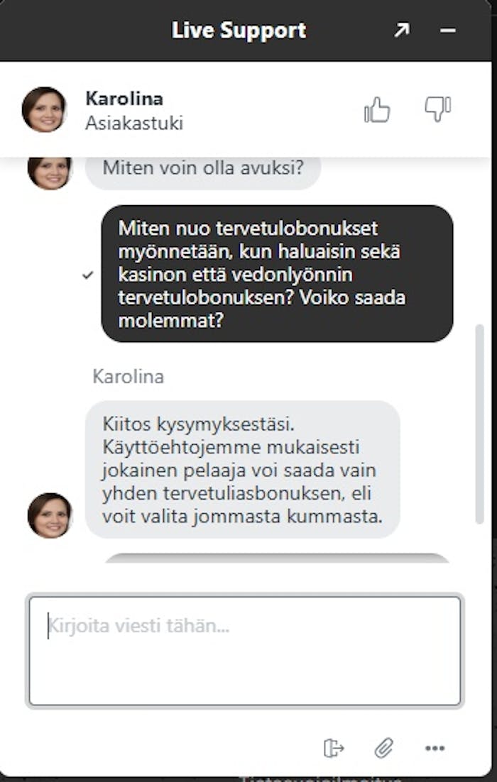 Karolina vastaa RT BET asiakaspalvelussa hyvin ystävällisesti