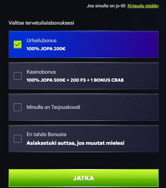 Valitse bonus kun aloitat pelaamisen RTBetilla