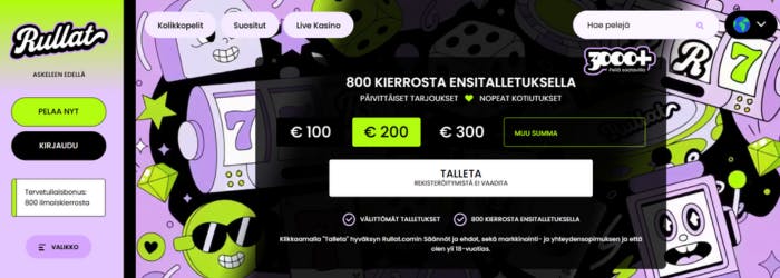 Rullat-kasinon etusivulta otettu kuvakaappaus, näkyvillä bonus sekä kirjatumistietoja.