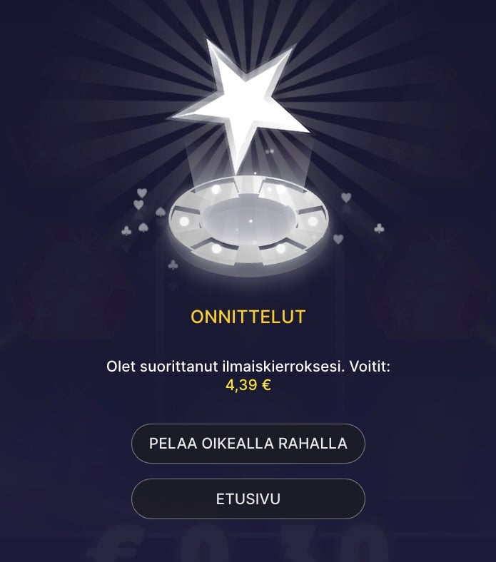 Kuva, jossa näkyy 4,39 € voitot Cyber City kasinon ilmaiskierroksilta.