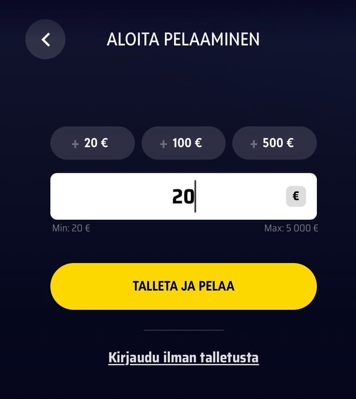 Onerush Casinon talletuslomake 20 euron summalla.