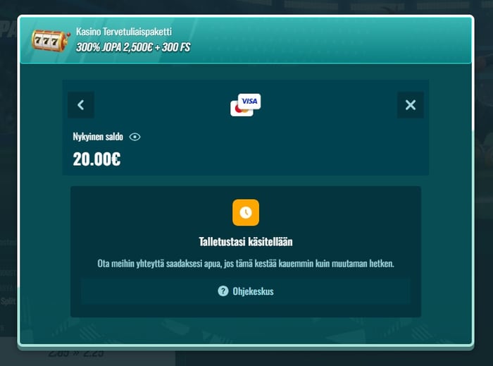 Maksun käsittelynäkymä Golismo-kasinolla, jossa näkyy 20 euron saldo ja teksti 