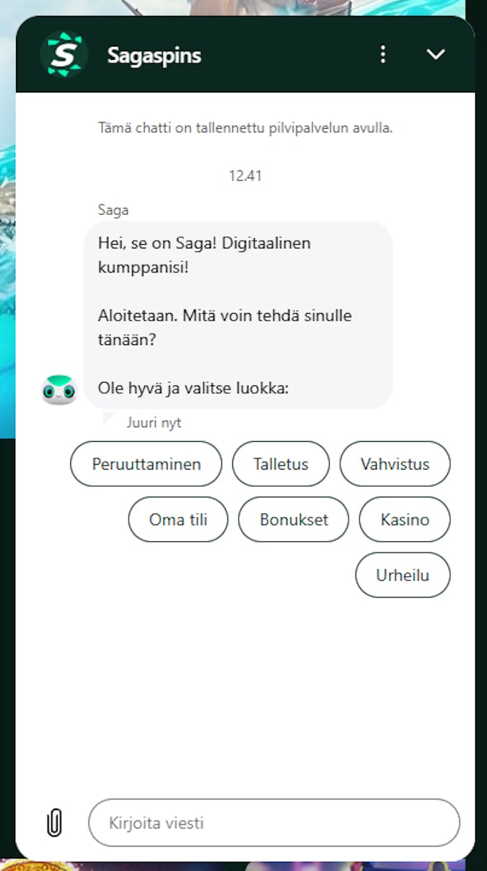 Sagaspins kasinon chat jossa vastaa robotti.