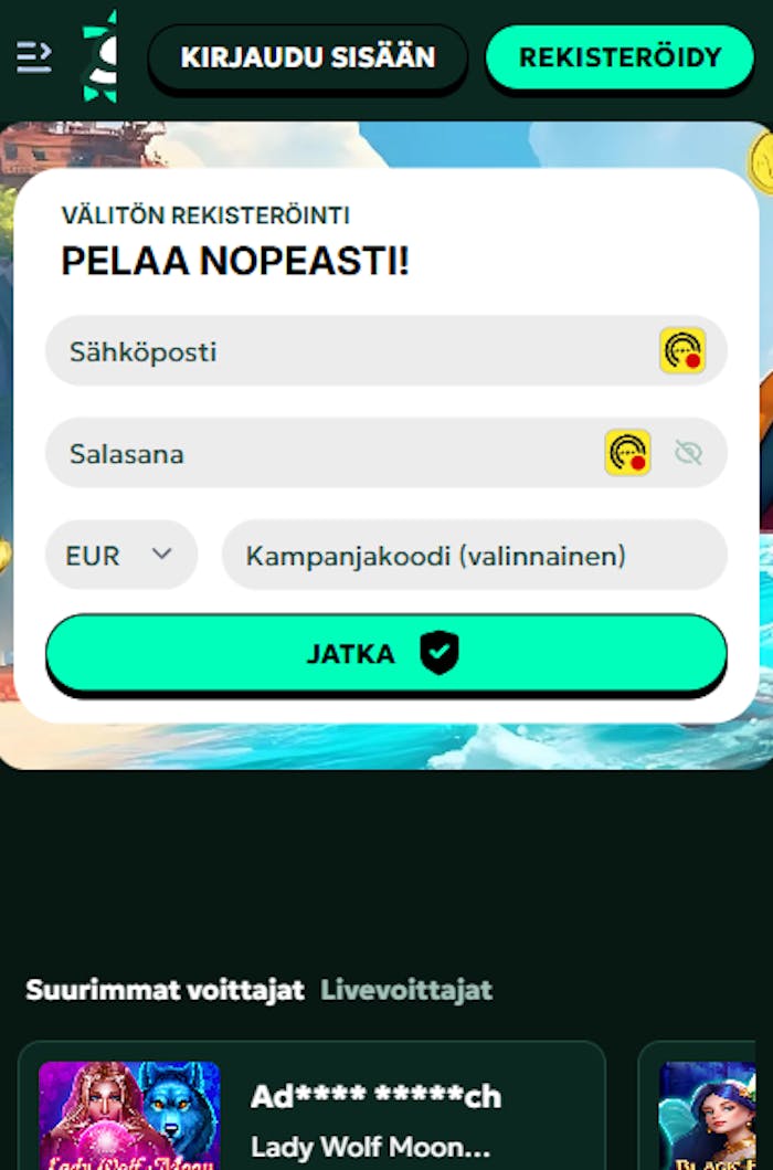 Sagaspins kasinon etusivu ja rekisteröinnin aloittaminen.