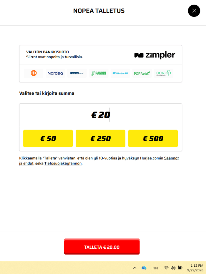 20 euron Zimpler-talletus Hurjaa-kasinolla.