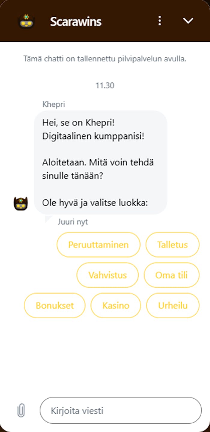 Scarawins Casinon chat, jossa vastaa chatbot.