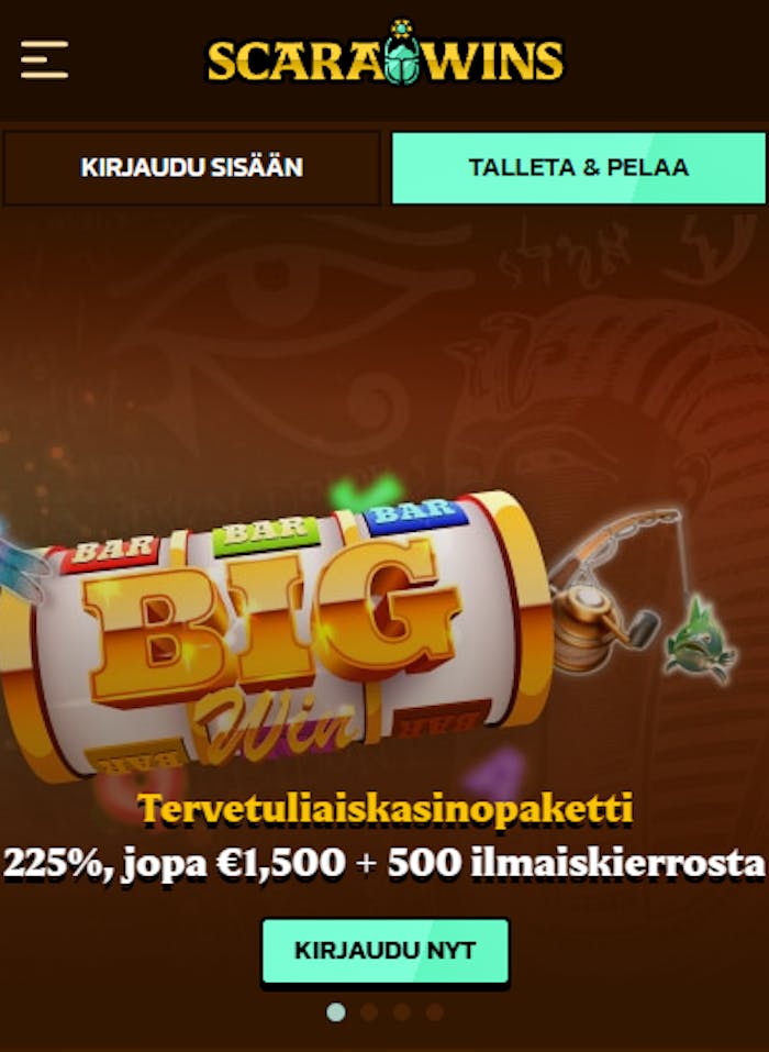 Scarawins kasinon etusivu, jossa mainostetaan bonusta.