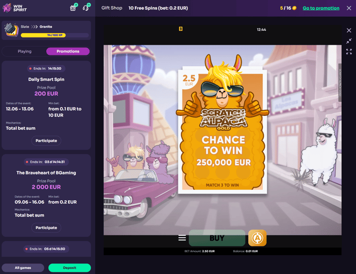 WinSpirit Casino Scratch Alpaca Gold -raaputusarpa, hinta 2,50 € per arpa, maksimitoitto 250 000 €.