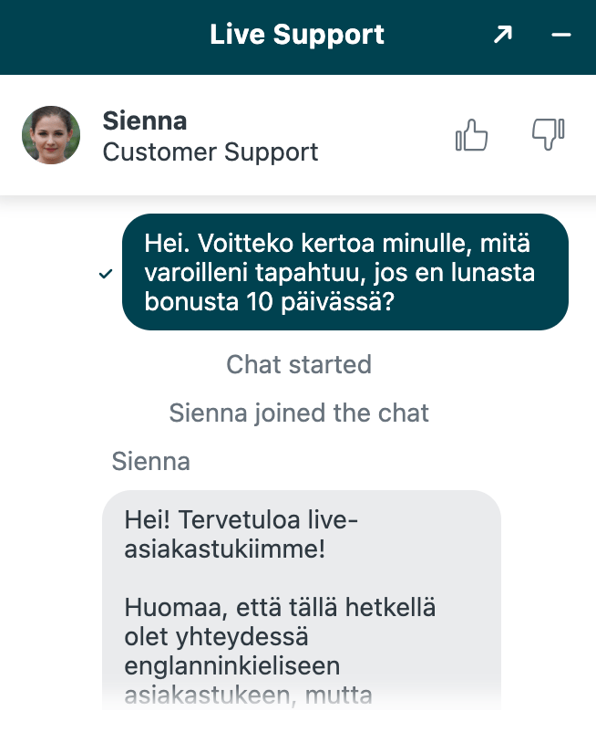 Golisimon asiakastuen vastaus oli suomeksi konekäännöksenä.