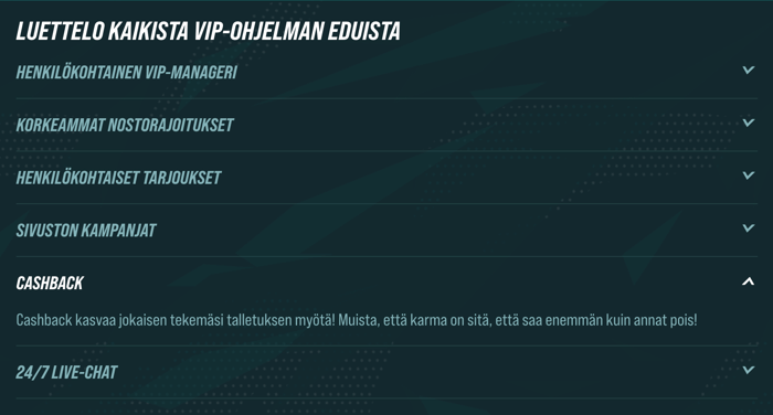 Golisimon VIP-ohjelman etuja, kuten cashback, VIP-manageri ja henkilökohtaiset tarjoukset, lueteltuna.