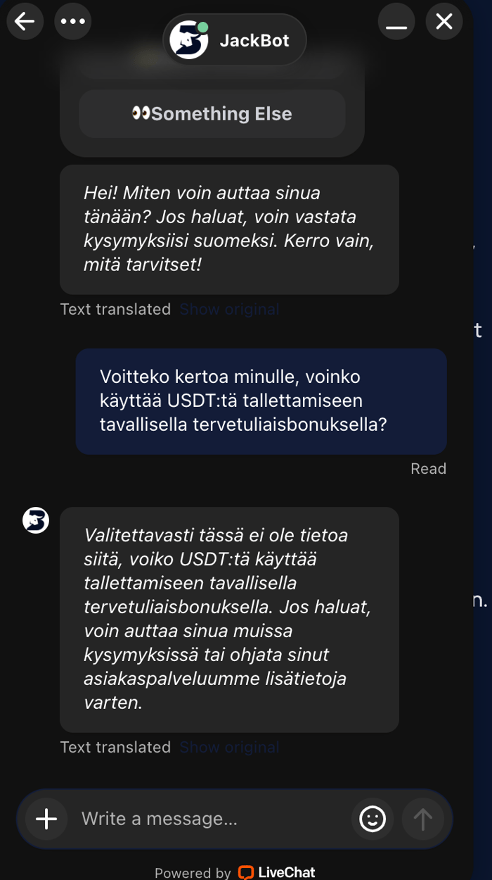 Bet Beast Casinon live chatissa botti vastaa pelaajan kysymykseen USDT talletuksista.