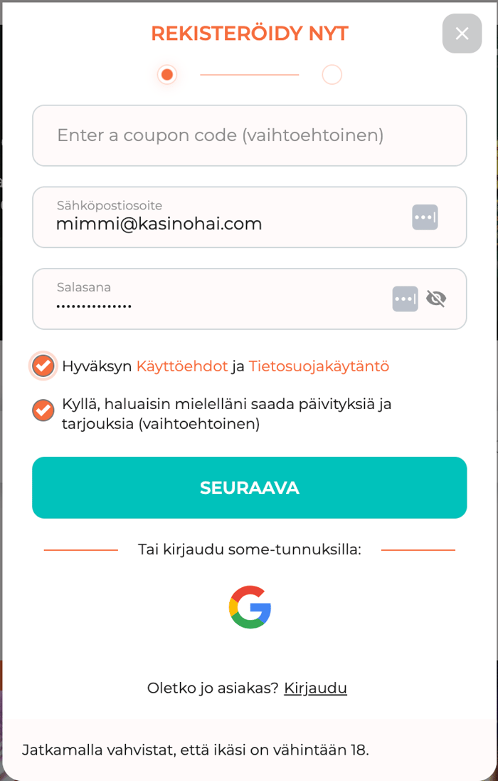 Spininio kasinon rekisteröitymislomake testivaiheesta.