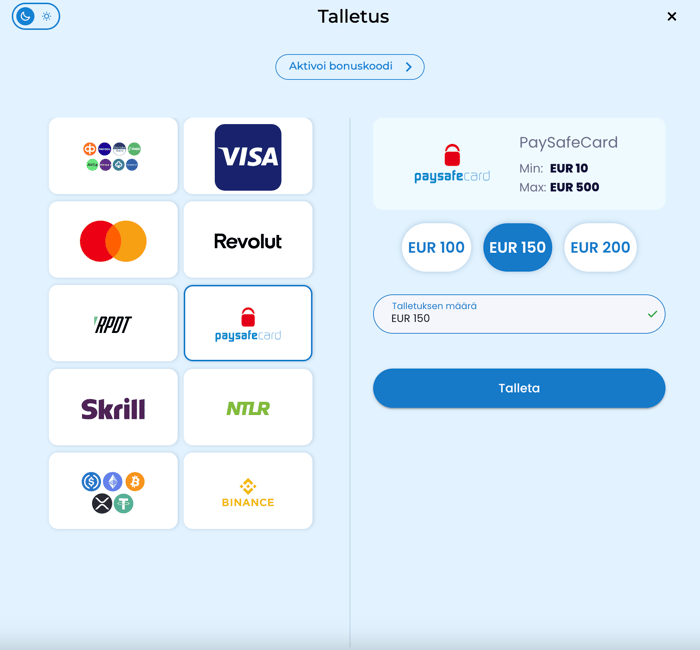 Talletustapavaihtoehtoja Spininio Casinolla ovat esimerkiksi kryptovaluutat, Visa, Revolut, Rapid ja Mastercard.