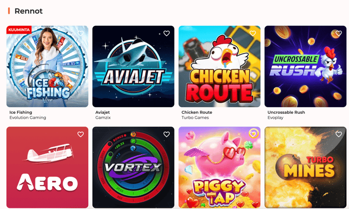 Spininio Casinon pikapeleihin kuuluvat esimerkiksi Aviajet, Chicken Route, Aero ja monet muut.