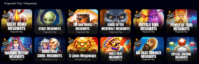 Zizobet Casino tarjoaa useita Pragmatic Playn Megaways pelejä, kuten Great Rhino Megaways ja The Dog House Megaways.
