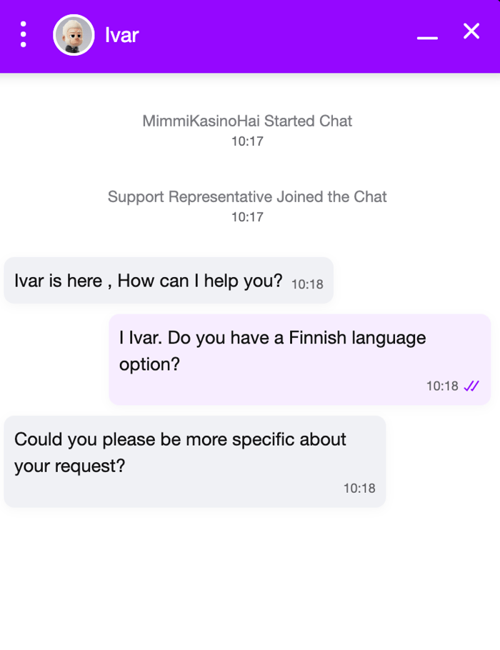 Zizobet Casino live chat palvelee englanniksi myös suomenkielisiä asiakkaita.