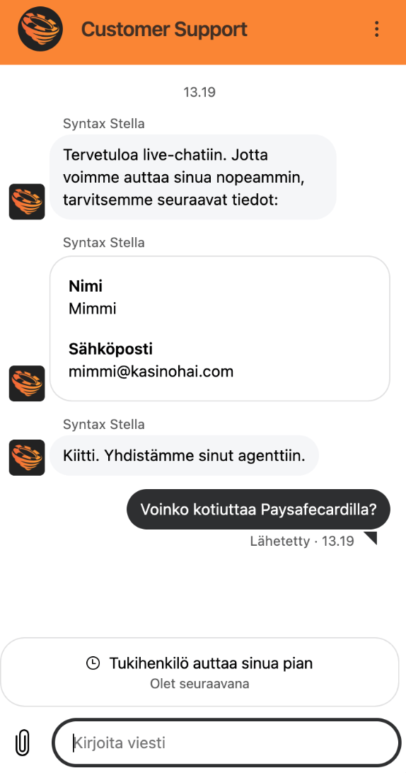 Keskustelu Spininio Casinon asiakastuen kanssa.
