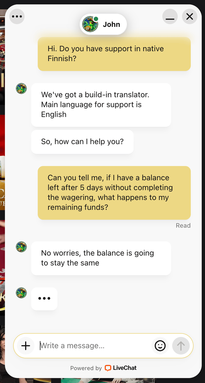 Belabet Casino livechat vastaa englanniksi suomalaisen pelaajan esittämään kysymykseen.