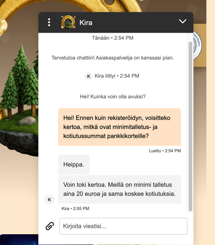 Tuuri Kasinon asiakaspalvelija vastaa kysymykseen minimitalletus- ja nostosummista pankkikortilla.