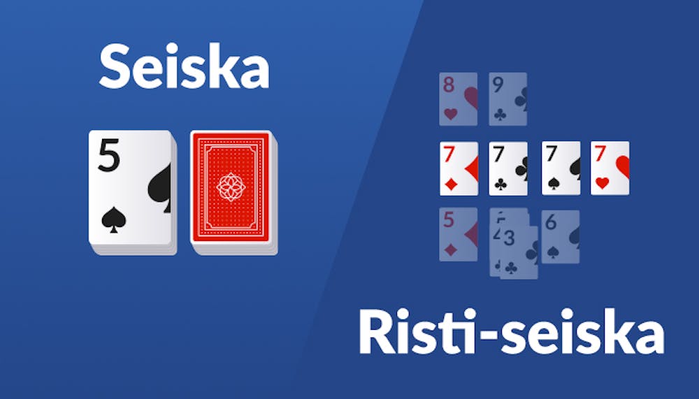 Seiskan ja Risti-seiskan erot esitettynä: seiskassa pöydällä on umpipakka ja avopakka, risti-seiskassa kaikki seiskat ja muita kortteja.