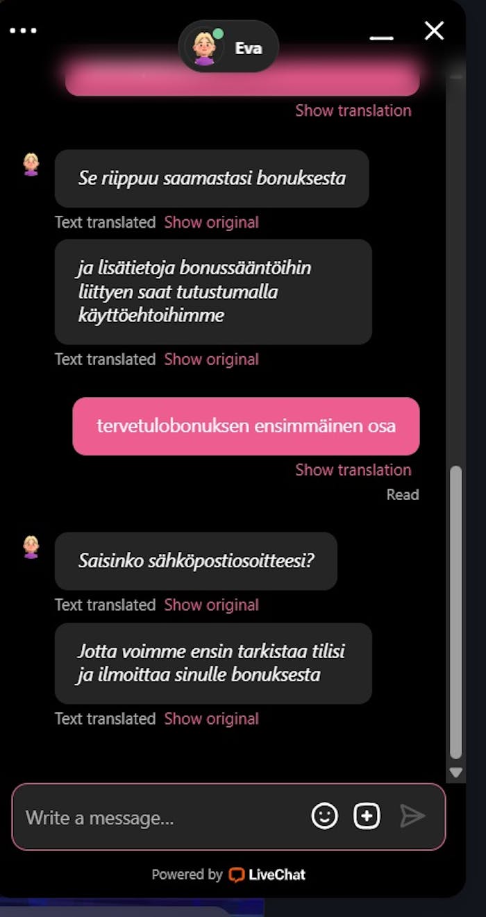 even Casino live chat asiakaspalvelijan vastaus tervetulobonuksen kierrätyksestä.