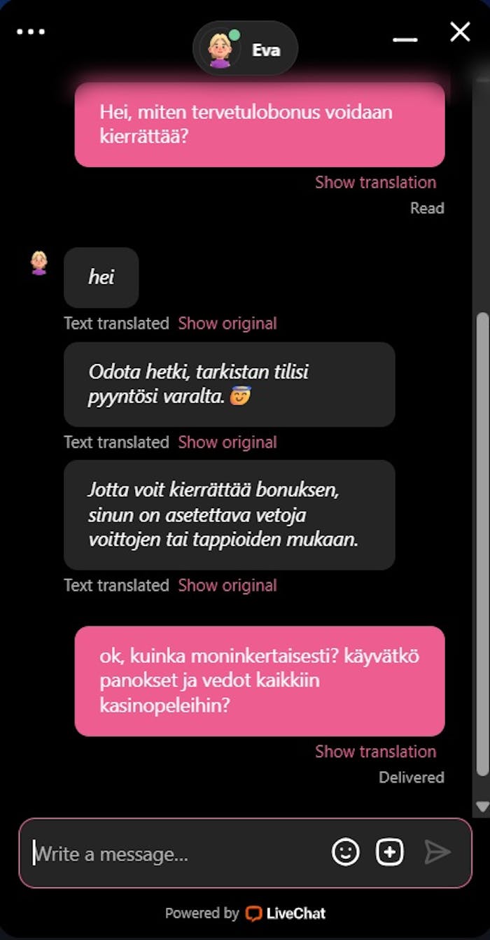 Seven Casino live chat keskustelu tervetulobonuksen kierrätyksestä.