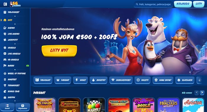 SG Casinon etusivulla näkyy ryhmä arktisia eläimiä ja 100 % bonus 500 € asti ja 200 ilmaiskierrosta.