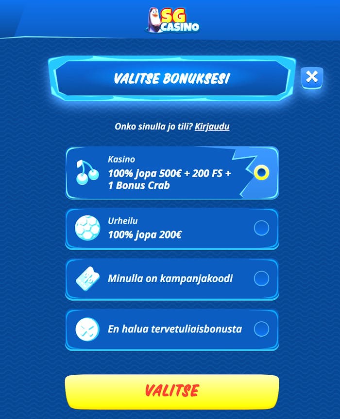 SG Casinolla pelaaja valitsee kirjautuessaan bonuksen kasinolle tai vedonlyöntiin.
