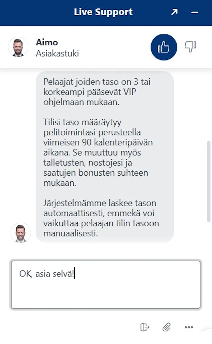 SG Casino livechat keskustelu kasinon VIP-tasoista.