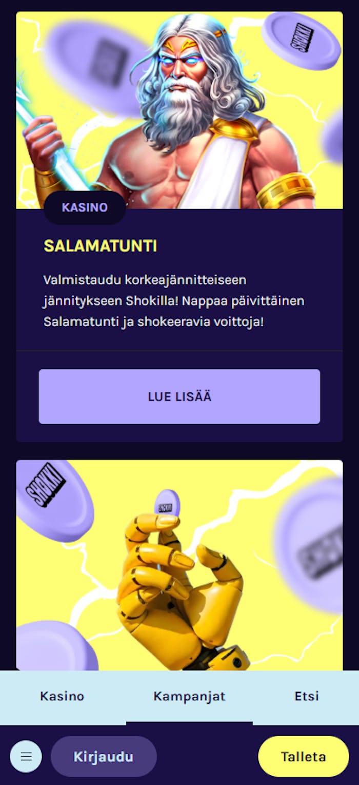 Shokki Casinon kampanjat-osio, jossa korostetaan unikkia Salamatuntia.