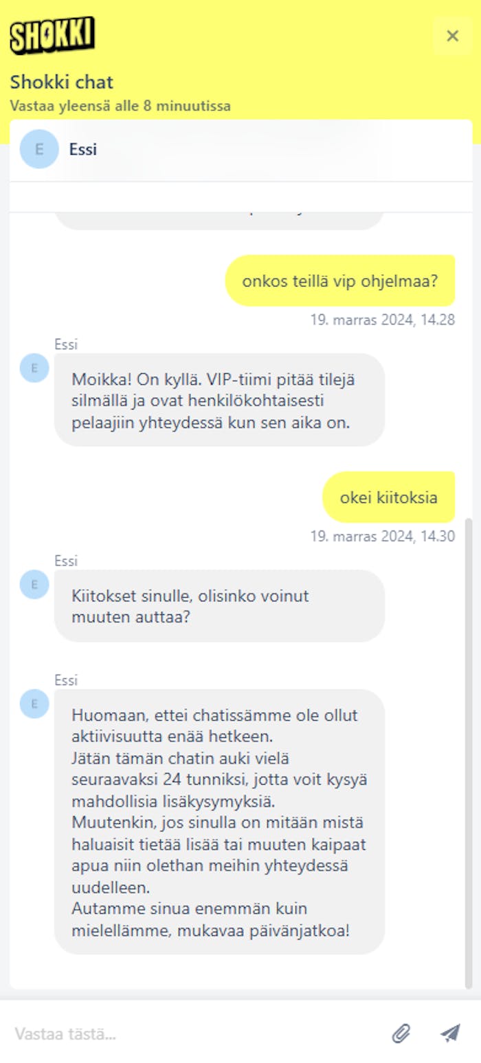 Shokki Casinon live-chat, jossa on käyty suomeksi keskustelua Essin kanssa.