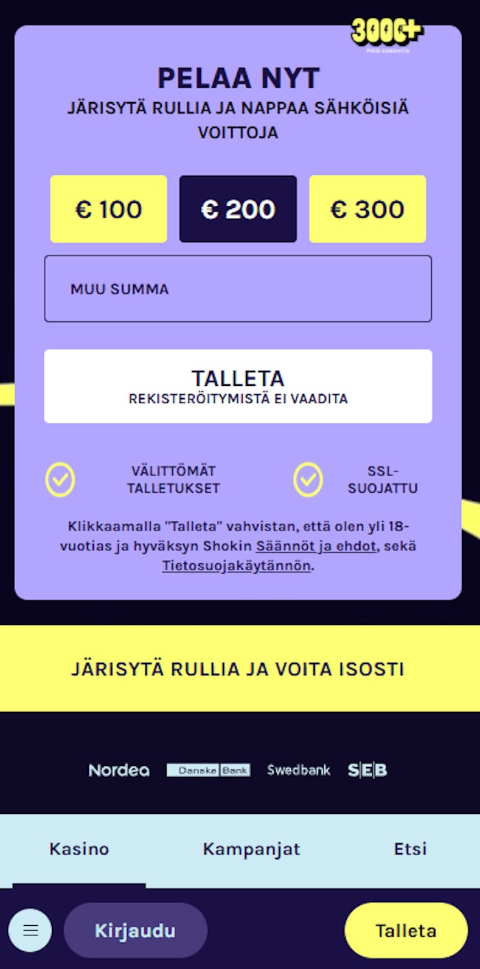 Shokki Casinon etusivu, jossa näkyy pikatalletuksen mahdollisuus sekä päävalikko.