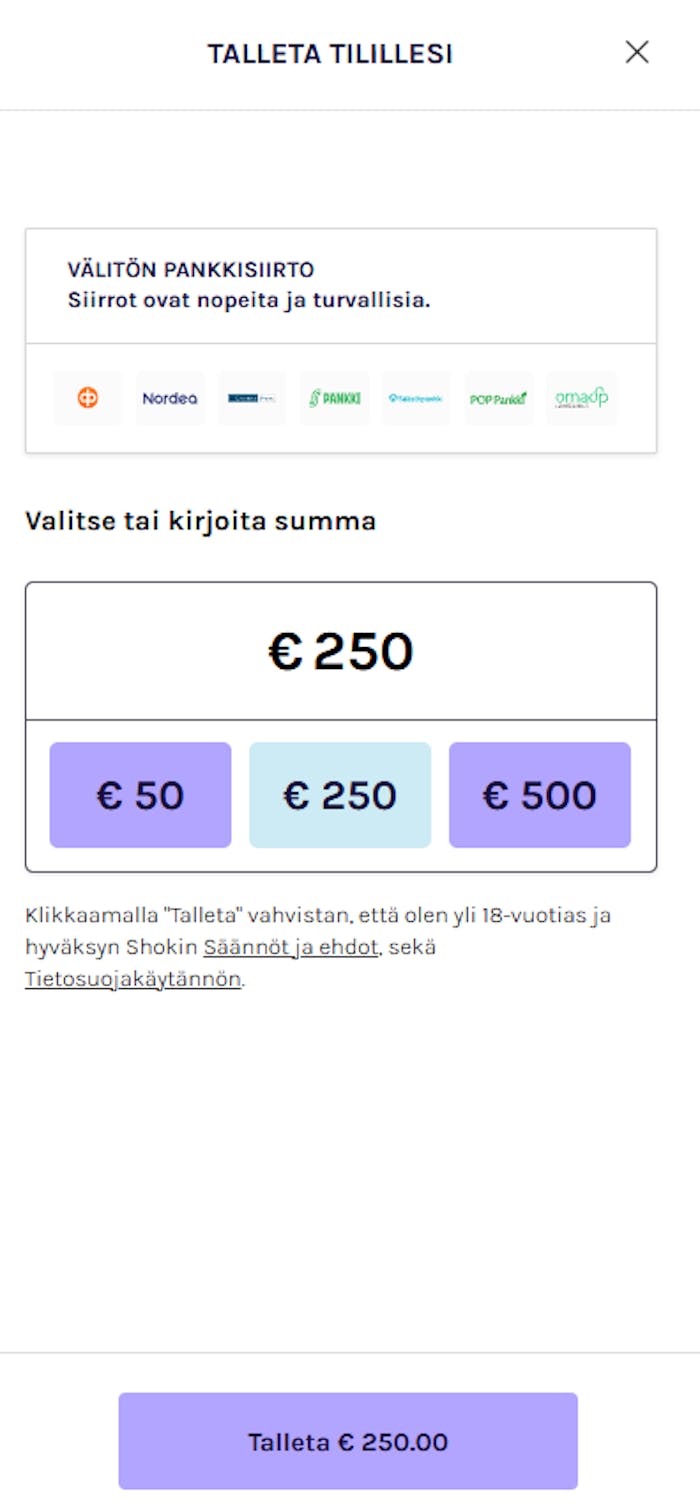 Shokki Casinon talletusikkuna ja suomalaisia pankkeja listattuna.
