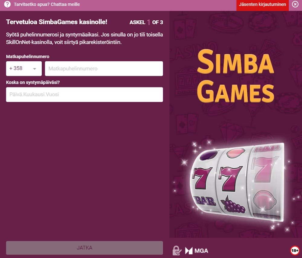 Simba Games Casinolle vaaditaan perinteinen rekisteröityminen.