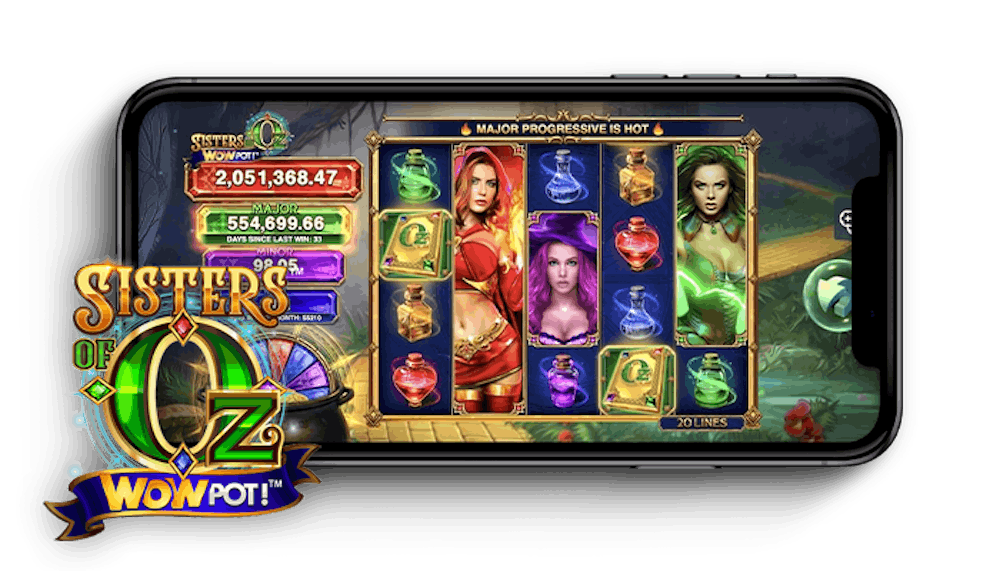 Sisters of Oz Wowpot kolikkopelin pelialue ja logo