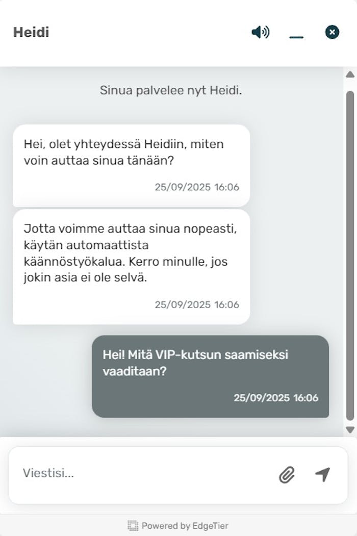 Skol Casino live chat keskustelu VIP-kutsun vastaanottamisesta.
