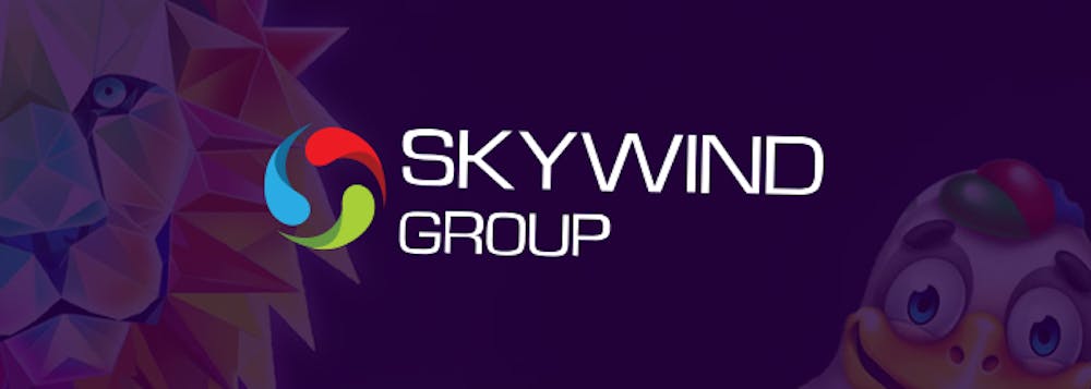 Skuwind Group logo violetilla taustalla, jossa näkyy kaksi pelihahmoa