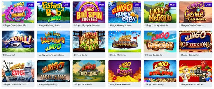 Kuvat 18 erilaisesta Slingo-pelistä Boost Casinolla, kuten Candy Machine, Fishing Bob ja Lucky McGold.