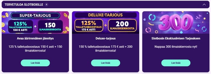 Slotbox Casinolla on tarjolla kolme erilaista bonusta, joista kaksi sisältää talletusbonuksen ja ilmaiskierroksia.