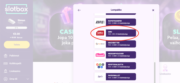 Slotboxin maksutavat, Siru Mobile mukaanlukien