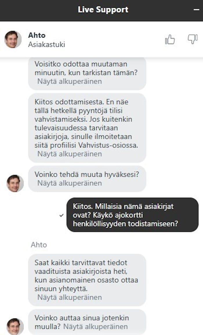 Kuvakaappaus Slotexo kasinon asiakaspalvelijan kanssa käydystä keskustelusta.
