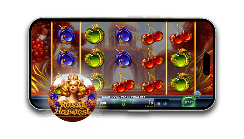 Royal Harvest kolikkopelin logo ja peliruudukko puhelimen näytöllä.