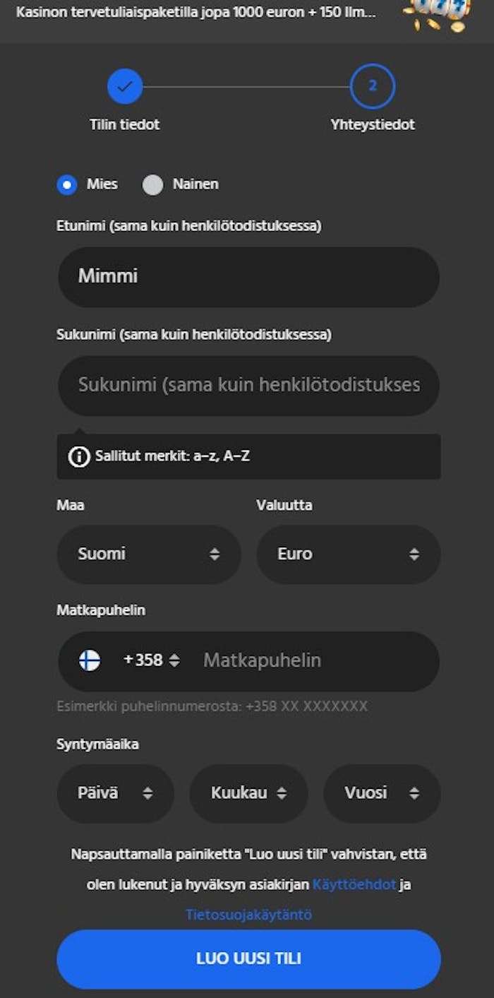 Slotimon rekister?itymislomakkeeseen t?ytet??n nimi, maa, valuutta ja puhelinnumero.
