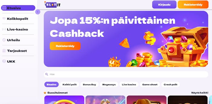 Slot It Casinon etusivu ja maininta cashbackista
