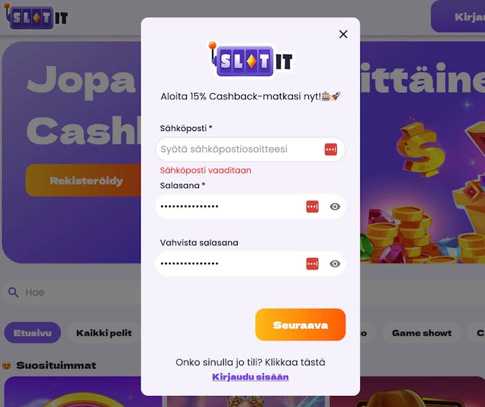 Slot It Casinon rekisteröitymislomake