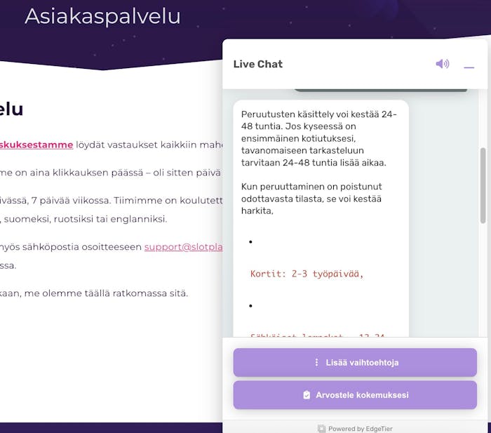 Keskustelu Slot Planet Casinon live-chatissa kotiutusajoista