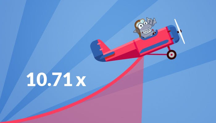 Kasinohai lentää lentokoneella ylöspäin, kuvassa näkyy kerroin 10.71x.