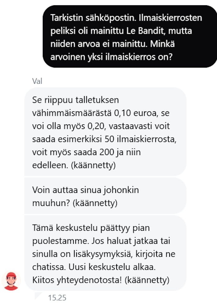 Keskustelu live-chatissa Slots Don Casinolla