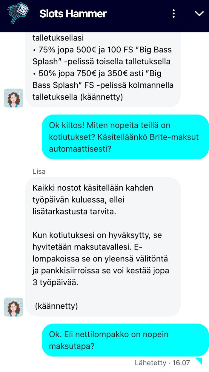 Otin yhteyttä Slots Hammer Casinoon live-chatillä