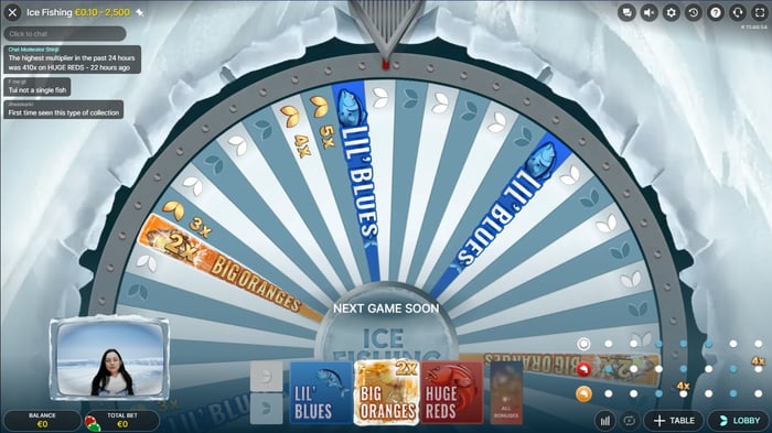 Slotshopper Casinon live-puolelta löytyy useita mielenkiintoisia pöytiä, kuten Evolutionin Ice Fishing.